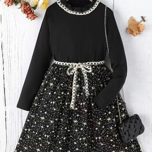 Girls Dress Girls Long Sleeve Mesh Hem Dress With Star Print Kids Clothes/black
